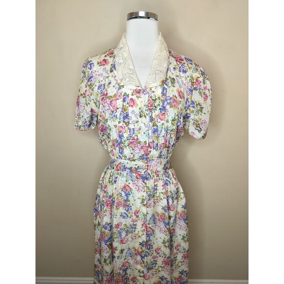 Vintage Karin Stevens Floral Button Up Midi Dress Lace Collar - Picture 2 of 15